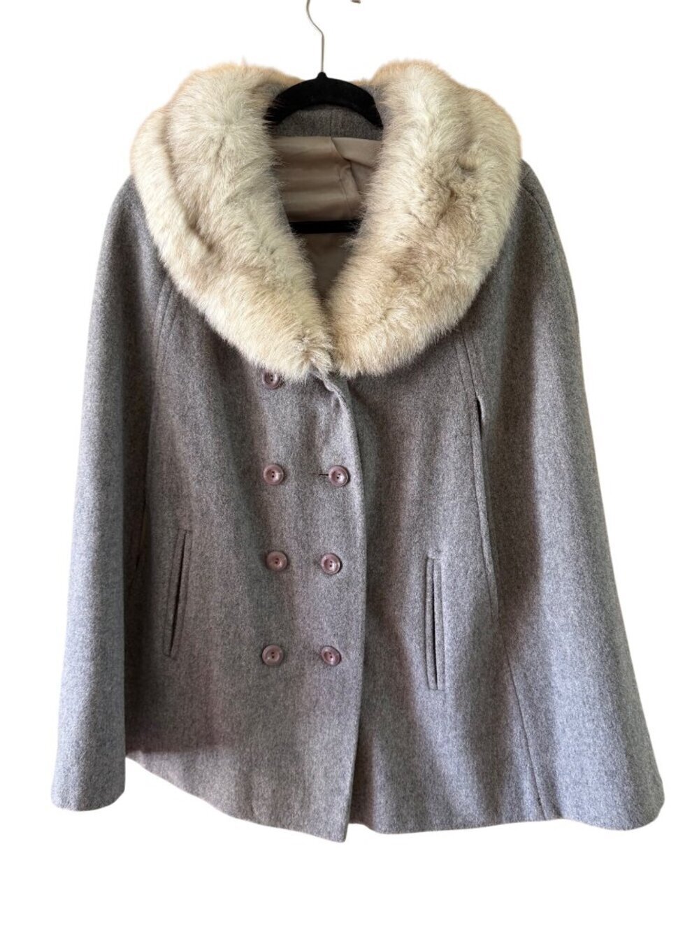 Wool Womens Gray Cape-style Coat Real Fur Double Breasted Lined Size S/M Vintage